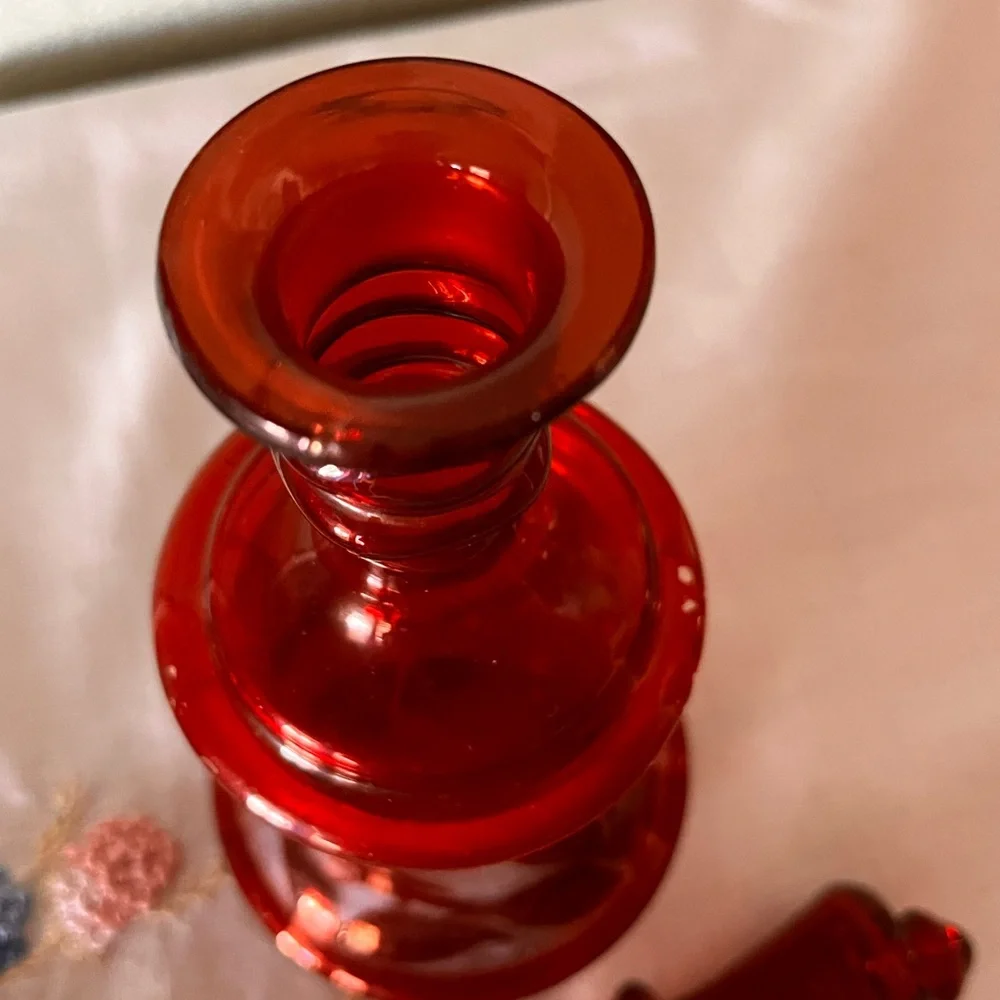 Vintage Ruby Red Decanter with Stopper Bohemian Style Glass Floral Etched Design